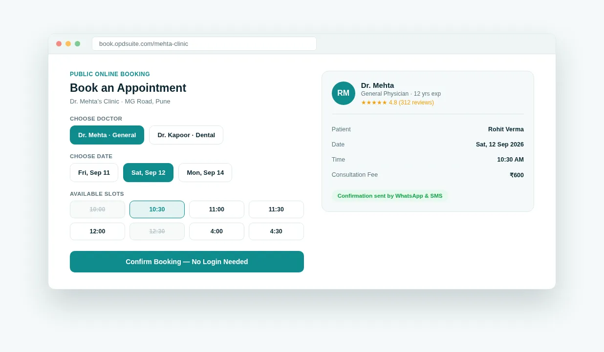 OPD Suite public online booking page showing doctor selection, date picker and available time slots