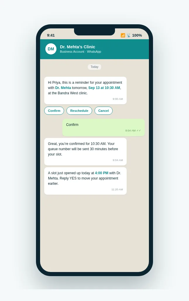WhatsApp appointment reminder chat from a clinic with confirm, reschedule and cancel options
