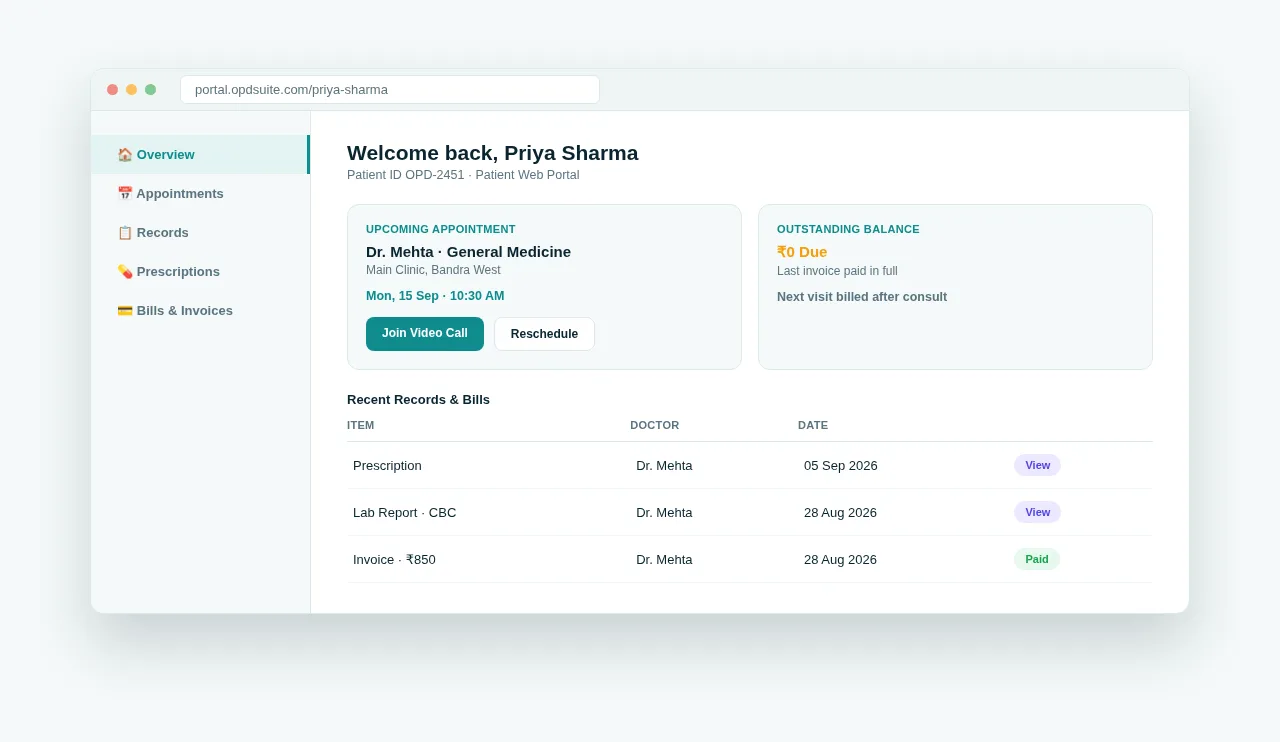 OPD Suite patient web portal showing upcoming appointment, outstanding balance, records and paid invoices