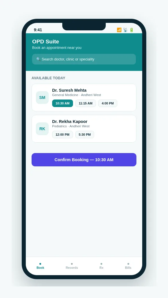 OPD Suite patient mobile app home screen showing available doctors and appointment booking slots