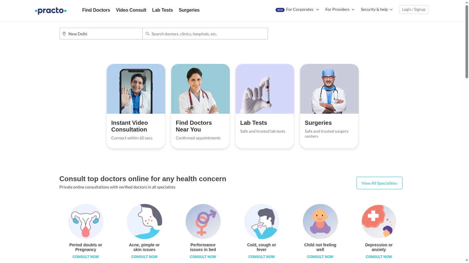 Screenshot of the Practo public homepage
