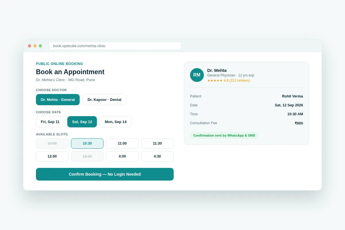 OPD Suite public online booking page showing doctor selection, date, available time slots and a fee summary