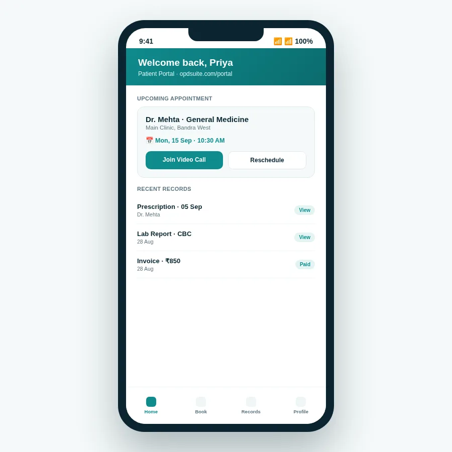 OPD Suite patient web portal showing an upcoming appointment, a join video call button, and recent prescriptions, lab reports and invoices