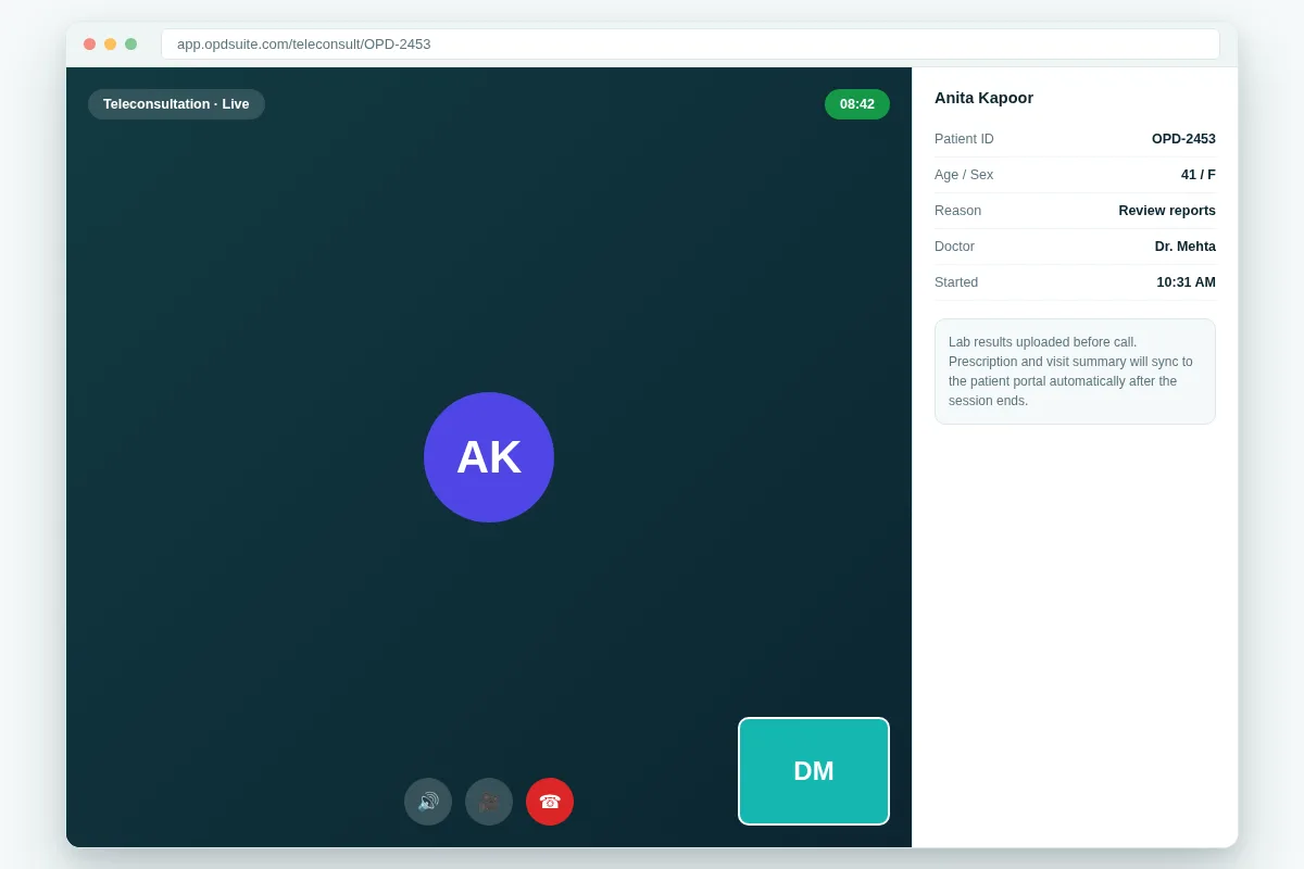 OPD Suite teleconsultation screen with a live video call, patient details panel and a note that the prescription will sync to the patient portal