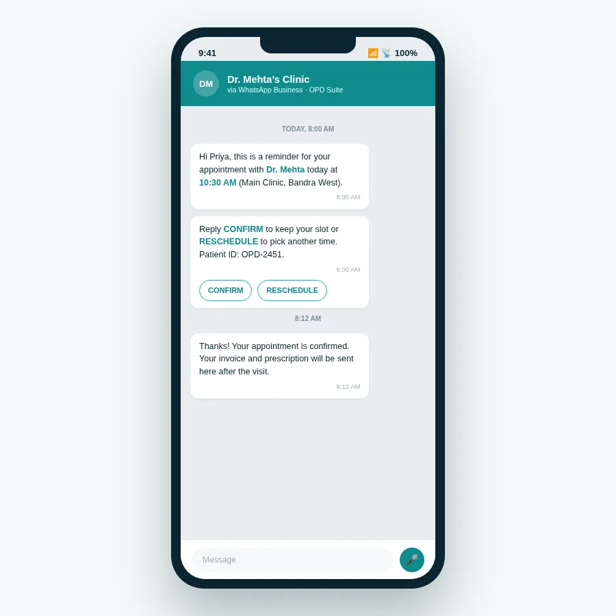WhatsApp appointment reminder conversation from a clinic showing a confirmation request with CONFIRM and RESCHEDULE quick reply buttons