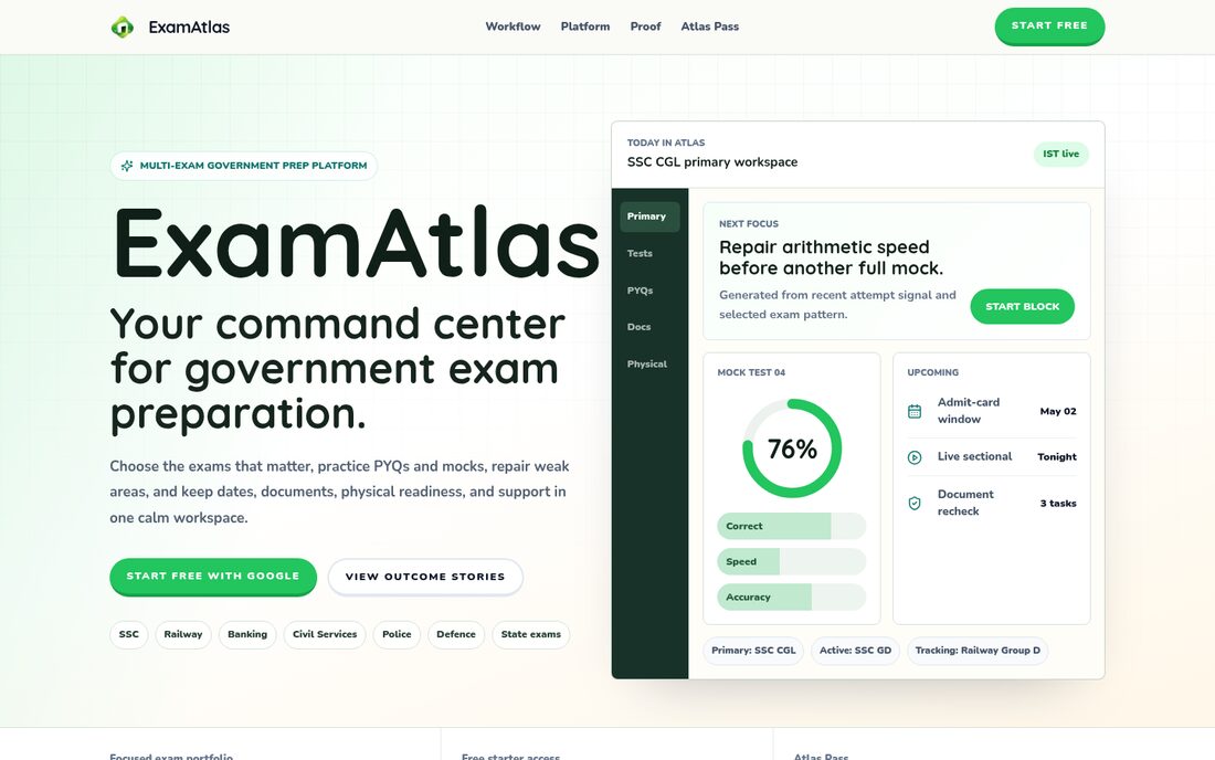 A government-exam prep platform for Exam Atlas — screen 1