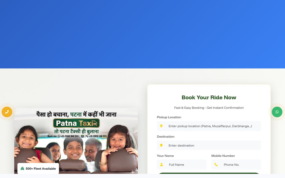 A booking-focused taxi website for Patna Taxi across Bihar — screen 3