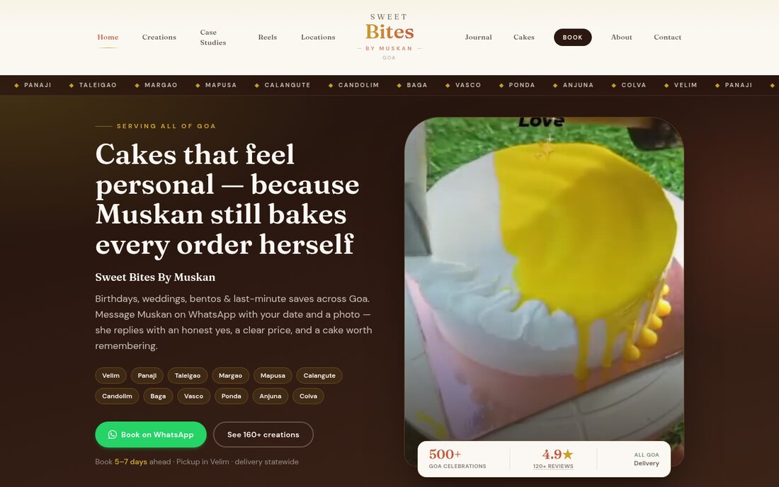 A cake showcase and WhatsApp-ordering site for Sweet Bites — screen 1