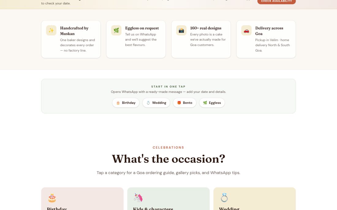 A cake showcase and WhatsApp-ordering site for Sweet Bites — screen 3