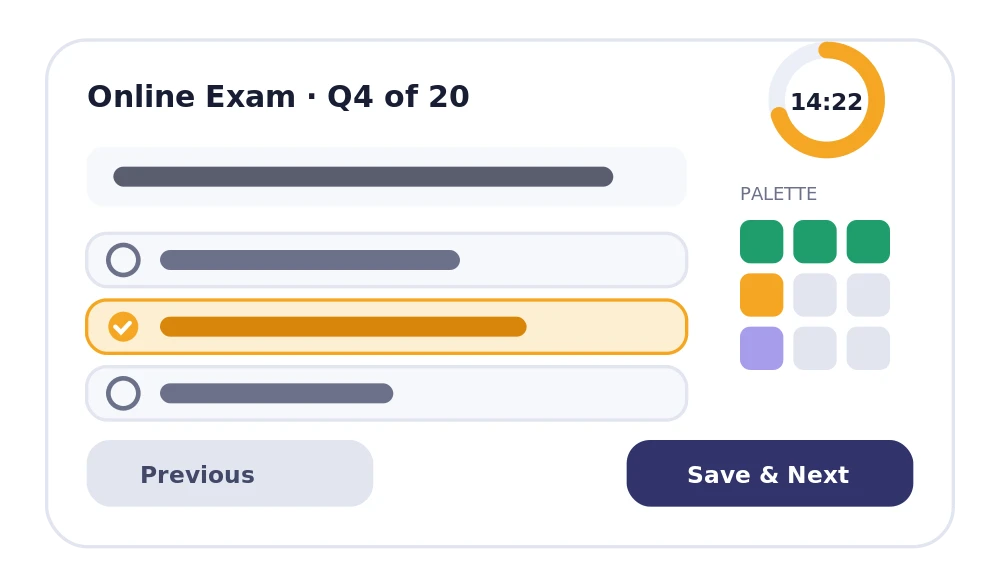 The built-in online examination (CBT) engine &mdash; timers, question palette and auto-grading.