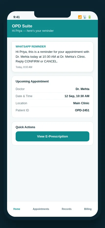 OPD Suite patient app screen showing a WhatsApp appointment reminder message and upcoming appointment details