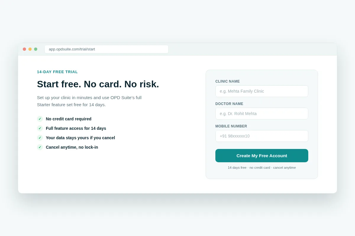 OPD Suite free trial signup screen showing clinic name, doctor name and mobile number fields with a 14-day no-credit-card trial