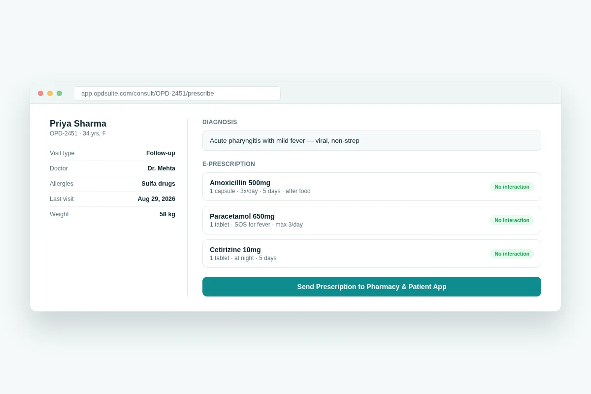 OPD Suite e-prescription screen for a patient showing diagnosis, prescribed medicines and dosage with no drug interaction warnings