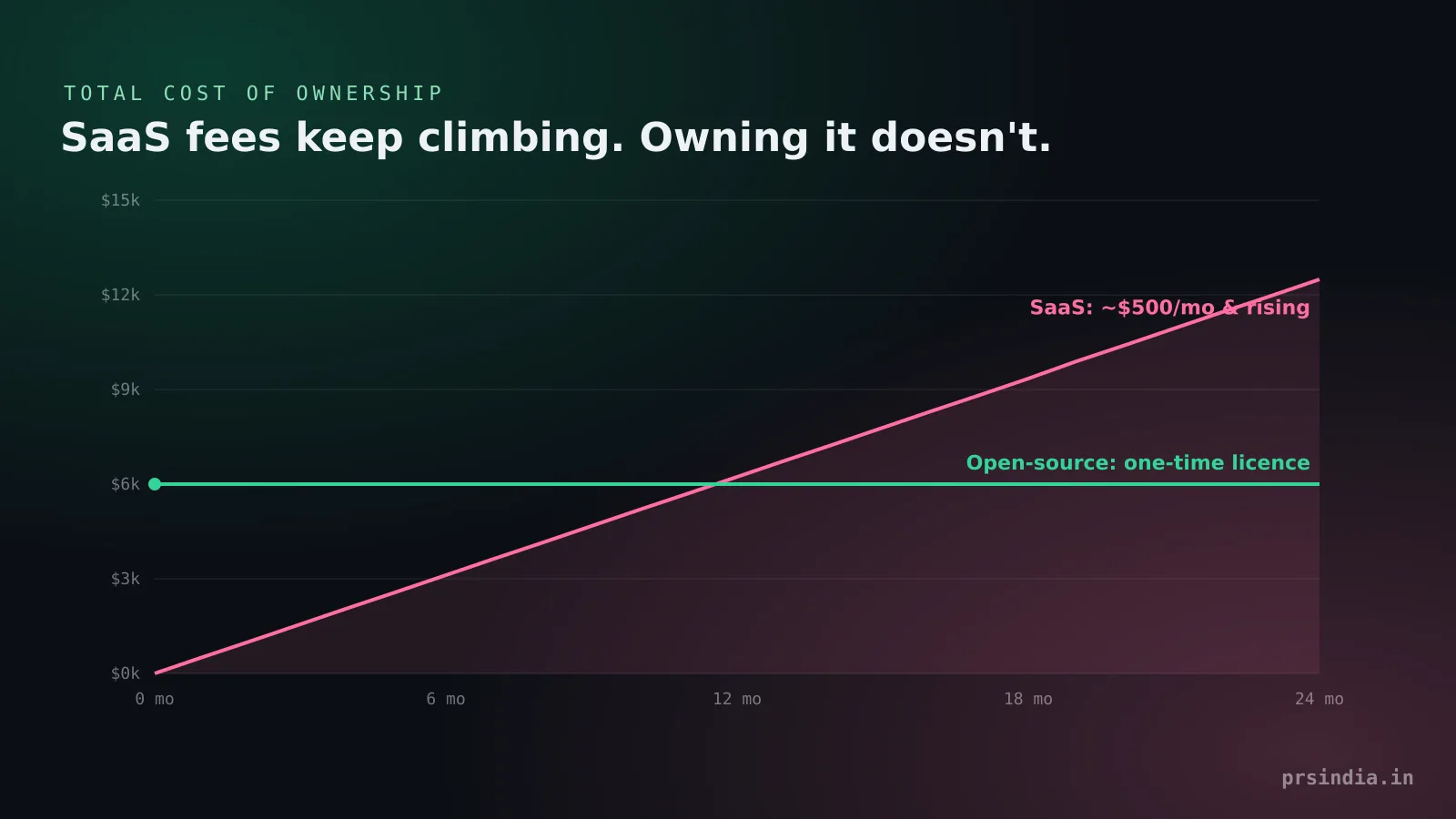 Chart showing SaaS influencer platform costs rising every month versus a flat one-time open-source licence