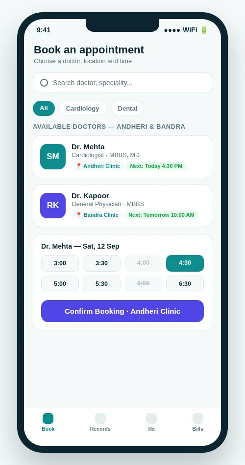 OPD Suite patient app screen showing doctor search across multiple clinic locations with available time slots
