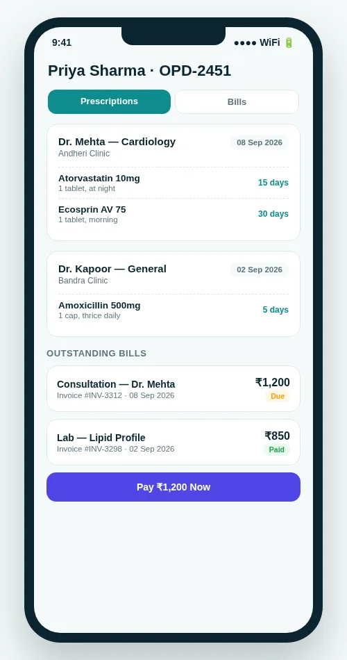 OPD Suite patient app screen showing prescriptions and an outstanding bill with a pay now button