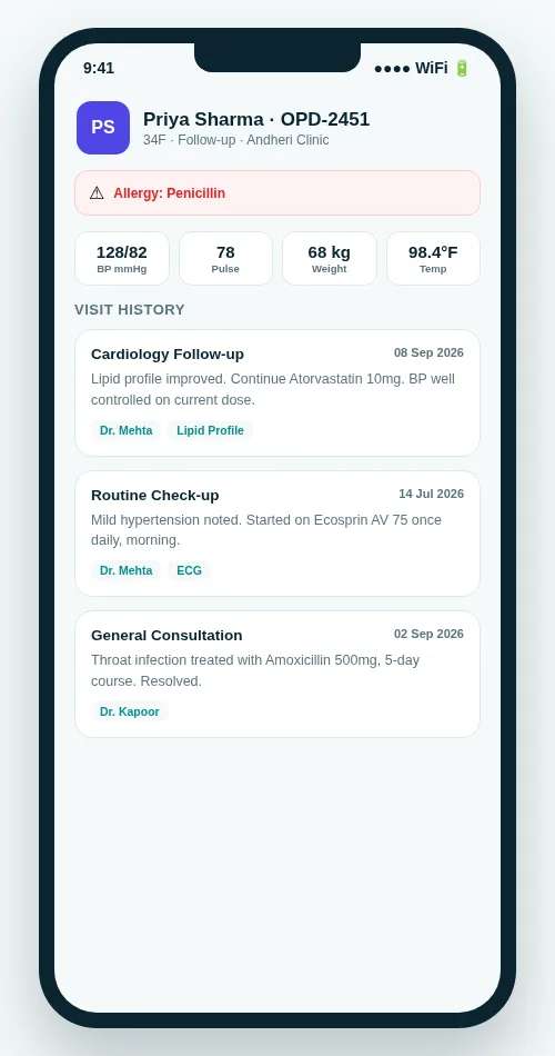 OPD Suite Doctor app patient chart screen showing vitals, allergy alert and visit history