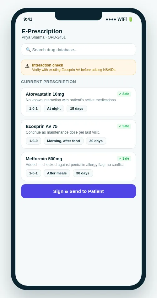 OPD Suite Doctor app e-prescribing screen with drug interaction warning and dosage chips
