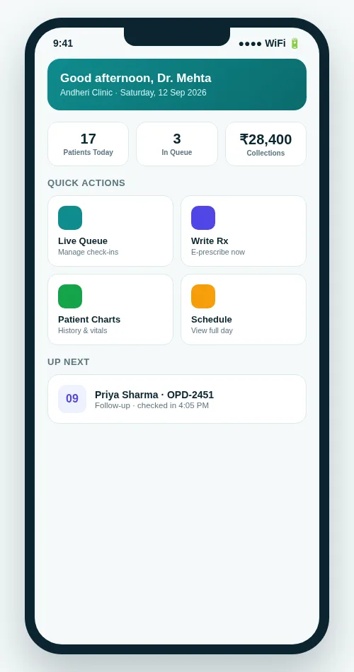 OPD Suite Doctor app home screen showing today's patient count, queue size and quick actions