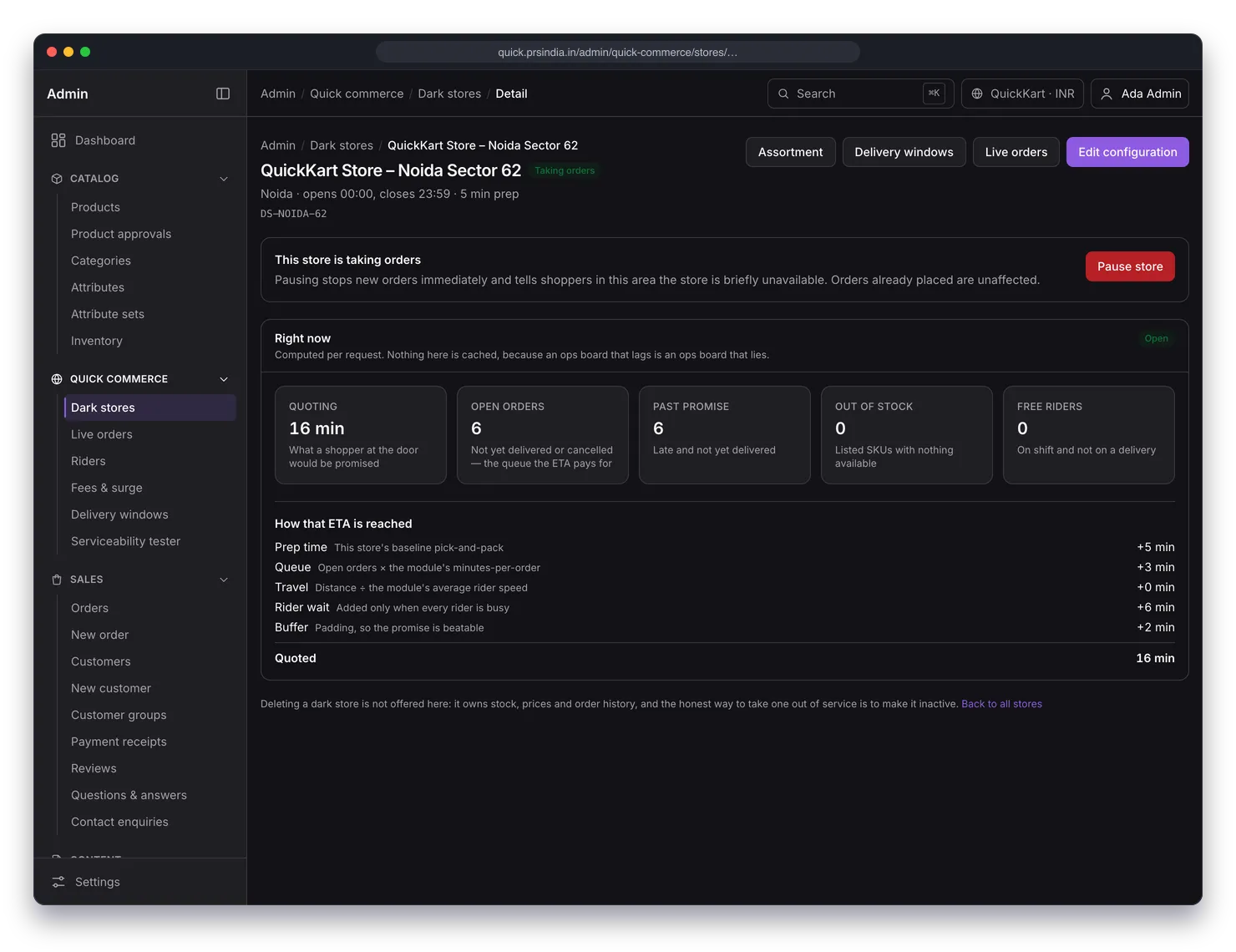 Dark store detail for QuickKart Store Noida Sector 62 with a Pause store button, live health tiles and a How that ETA is reached breakdown of prep time, queue, travel, rider wait and buffer adding up to a 16 minute quote