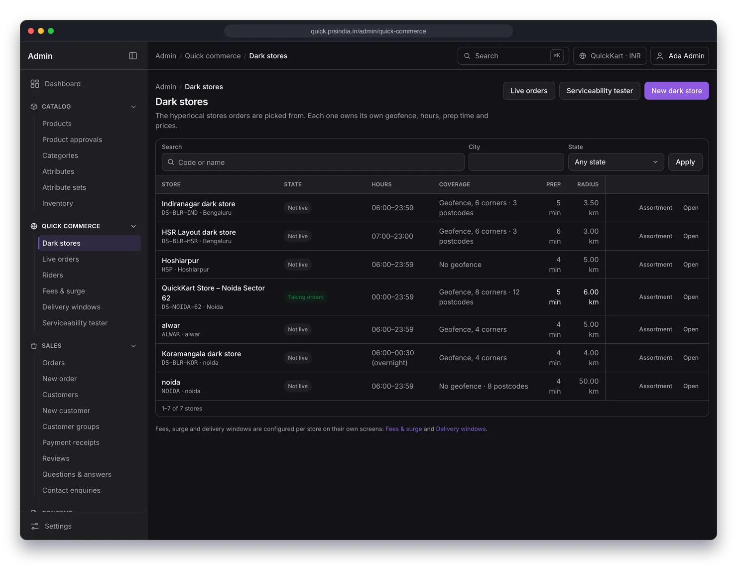 Dark stores list showing seven stores with state, hours, geofence and pincode coverage, prep time and radius, and links to each store's assortment
