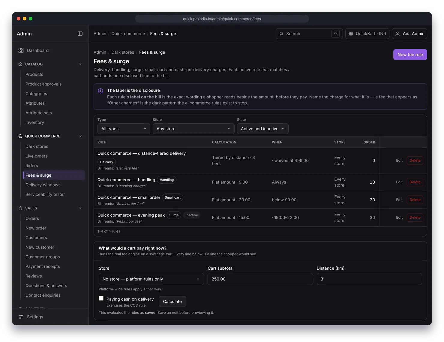 Fees and surge page listing four fee rules for distance-tiered delivery, handling, small order and evening peak surge, each with its calculation and bill label, and a preview calculator below