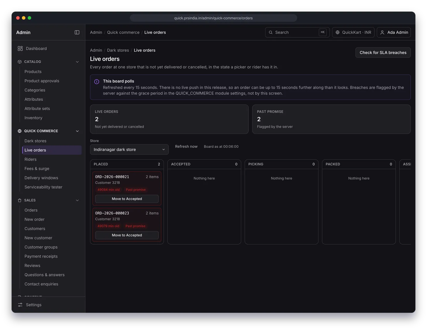 Admin live orders board for a selected store with a Check for SLA breaches button, live order and past promise counts, and state columns