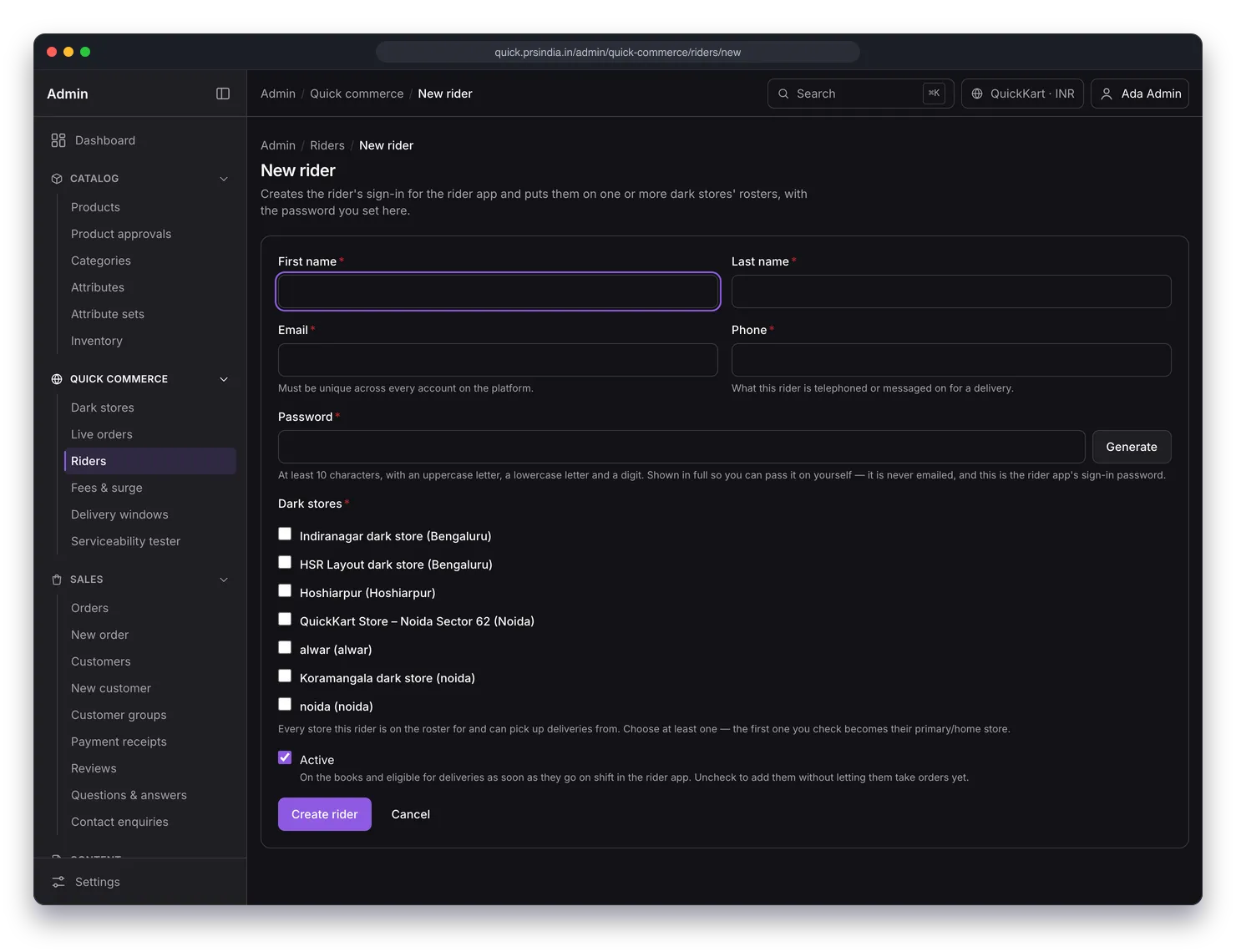 New rider form with name, email, phone and password fields, checkboxes for each dark store roster and an Active toggle