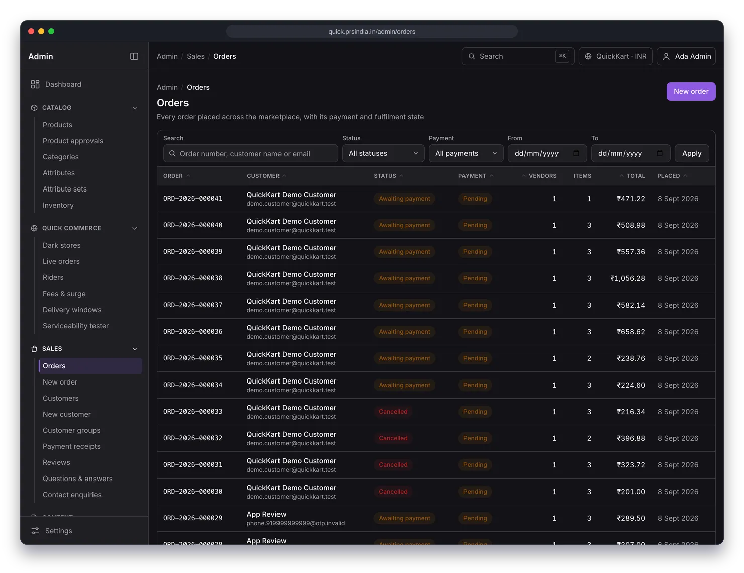 Orders list with order numbers, customer, status, payment state, item counts, totals and placed dates