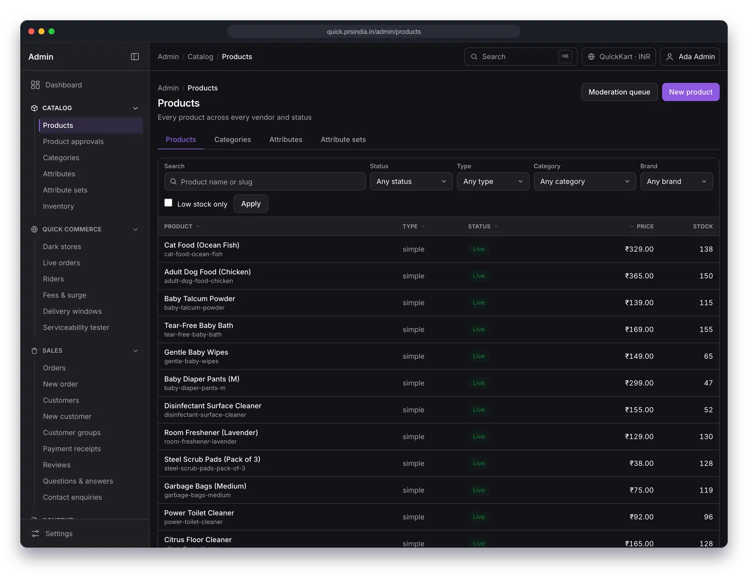 Products list with search and filters by status, type, category and brand, showing product names, slugs, live status, price and stock