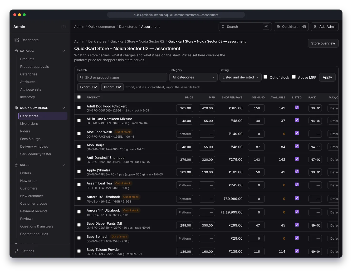 Per-store assortment grid in the admin panel with Export CSV and Import CSV buttons and columns for price, MRP, shopper pays, on hand, available, listed and rack