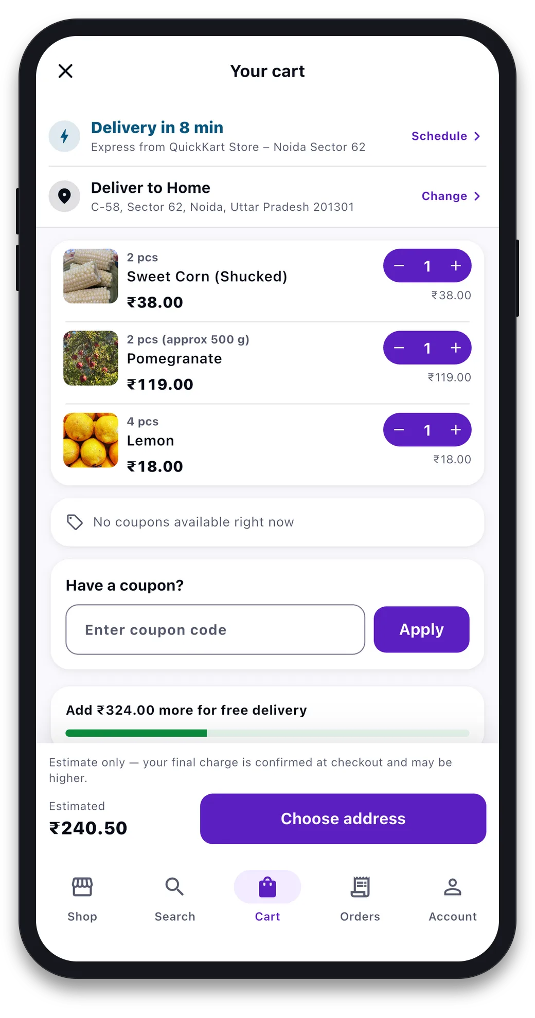 Cart screen with an 8 minute express delivery line, a Schedule option, the delivery address, three line items with quantity steppers, a coupon box and a free-delivery progress bar