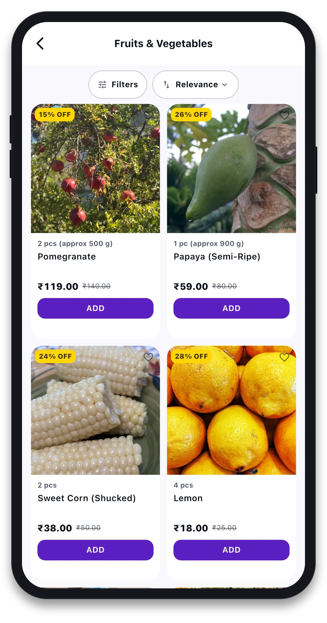 Fruits and Vegetables category listing with filter and sort controls, pack sizes, MRP strike-through prices and Add buttons
