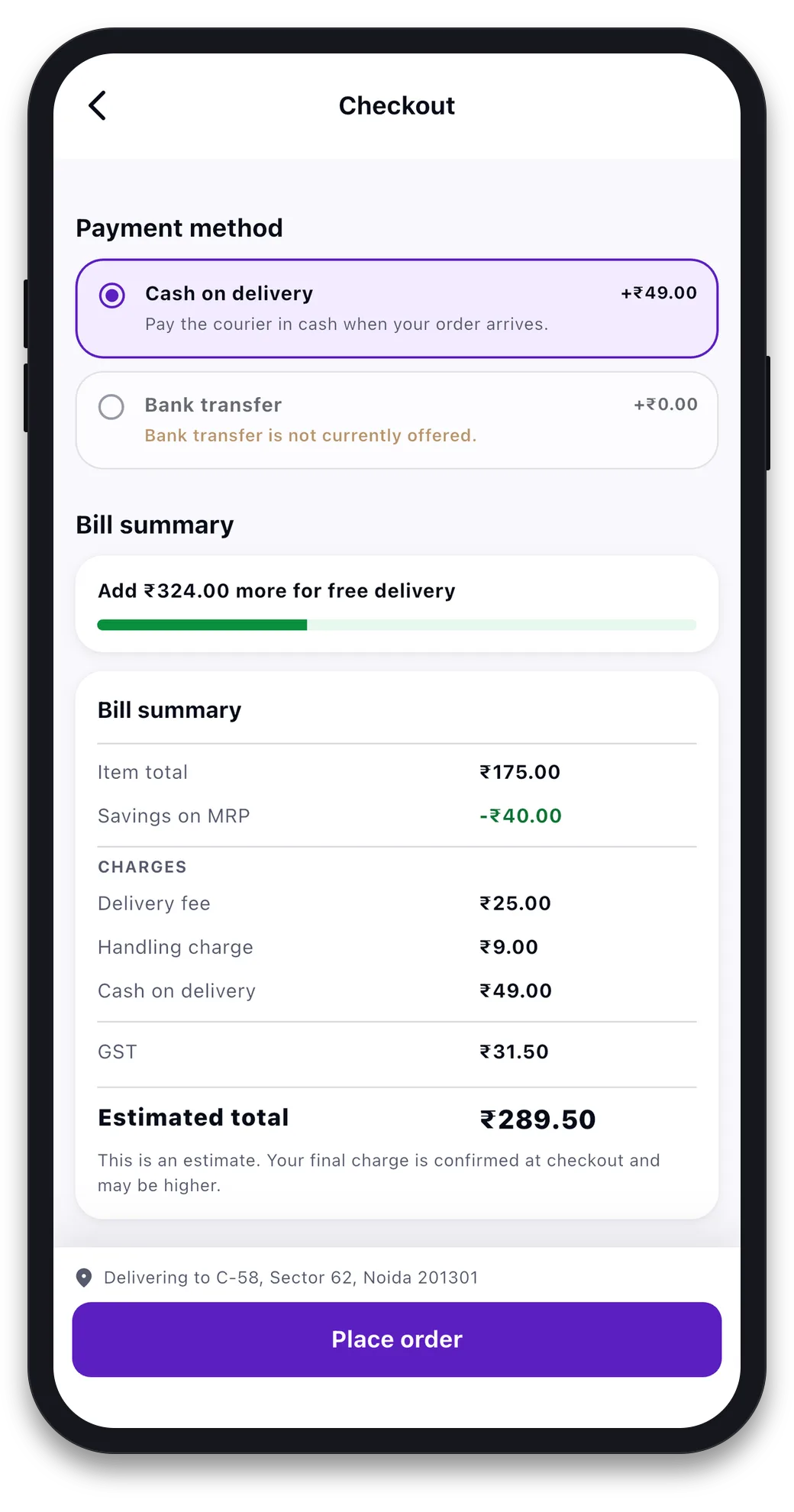 Checkout screen with Cash on delivery selected, a bank transfer option marked not currently offered, and a bill summary listing item total, savings on MRP, delivery fee, handling charge, cash on delivery charge, GST and estimated total