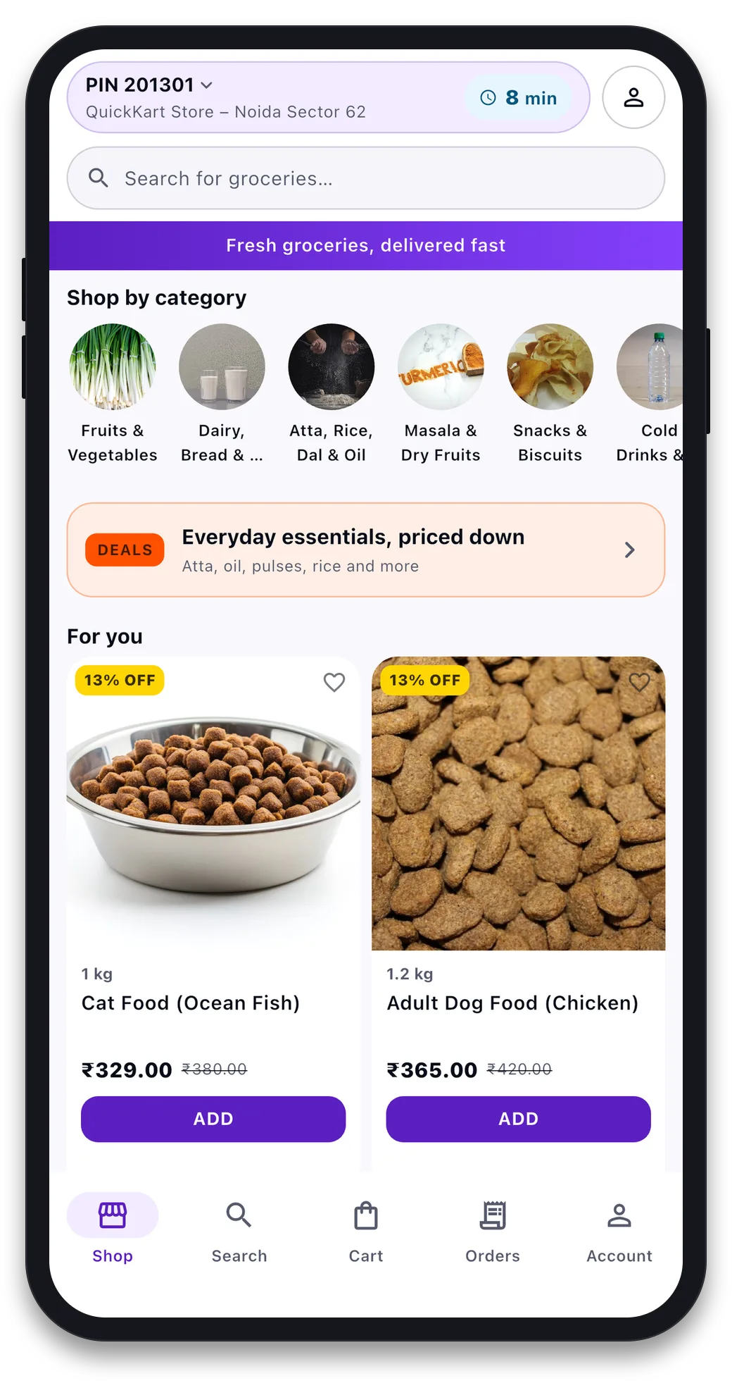QuickKart customer app home screen showing pincode 201301, an 8 minute delivery promise, a search bar, category rail and product cards with MRP discounts