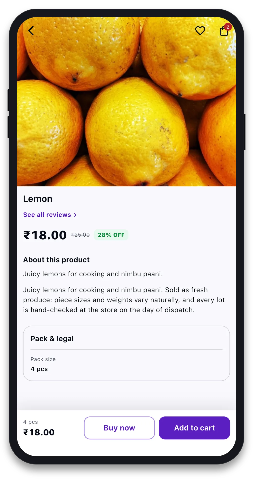 Product detail page for lemons showing price, MRP, discount badge, description, a Pack and legal declarations panel, Buy now and Add to cart
