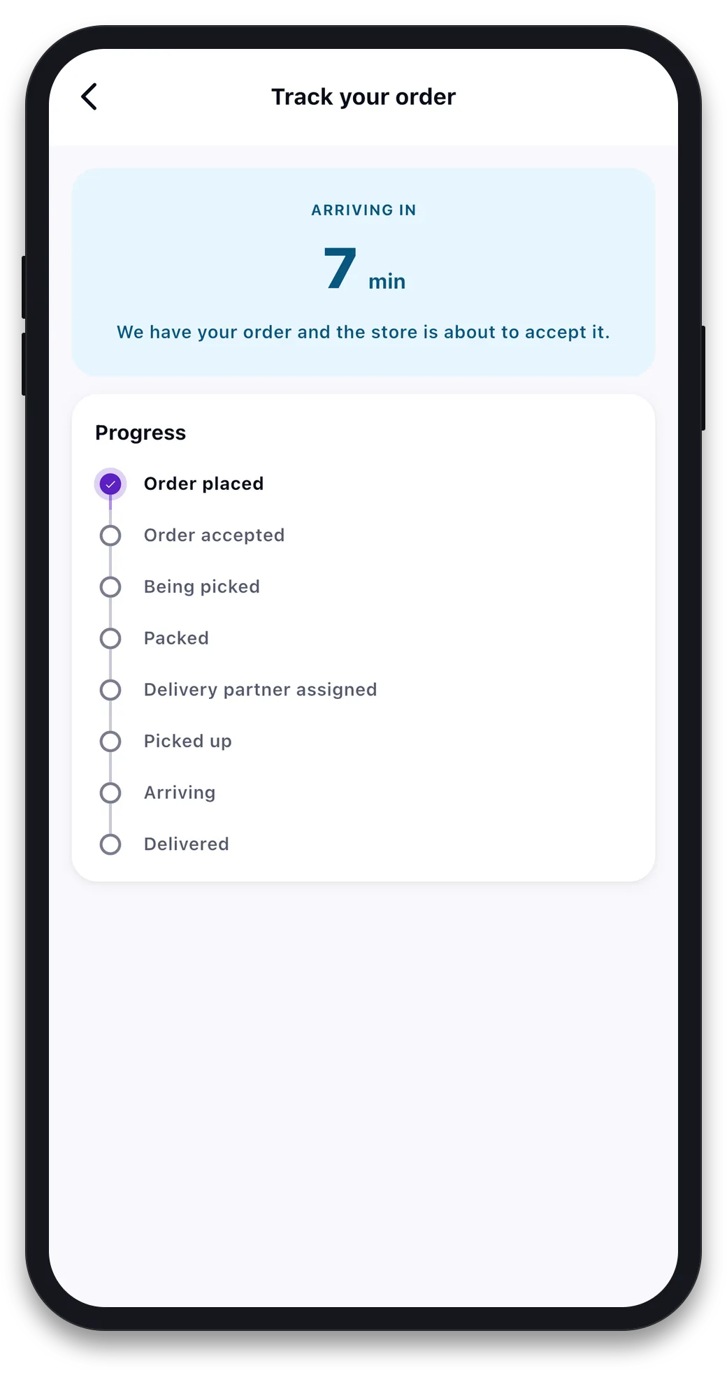 Track your order screen showing Arriving in 7 min and an eight step progress list from Order placed to Delivered