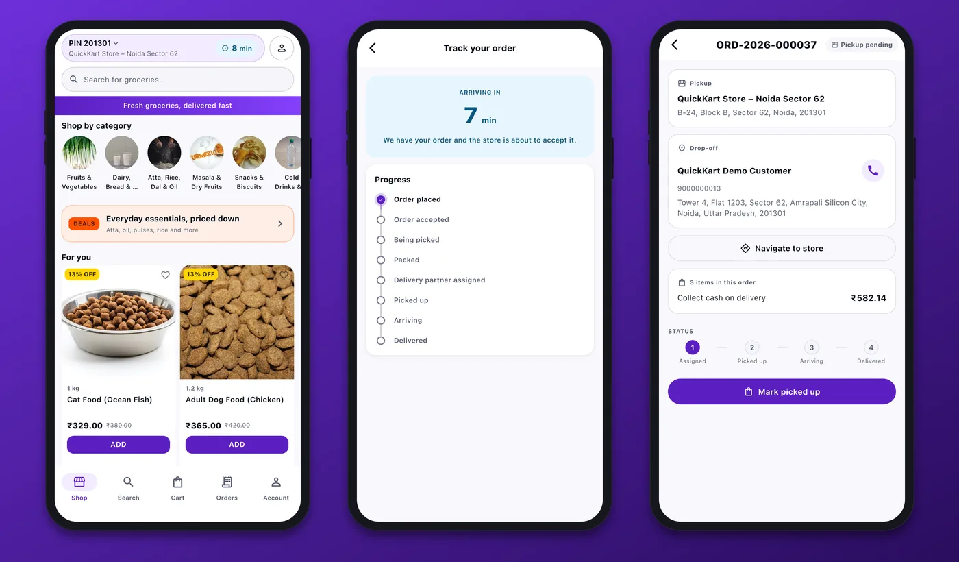 QuickKart customer app home screen, live order tracking screen and rider app delivery screen side by side