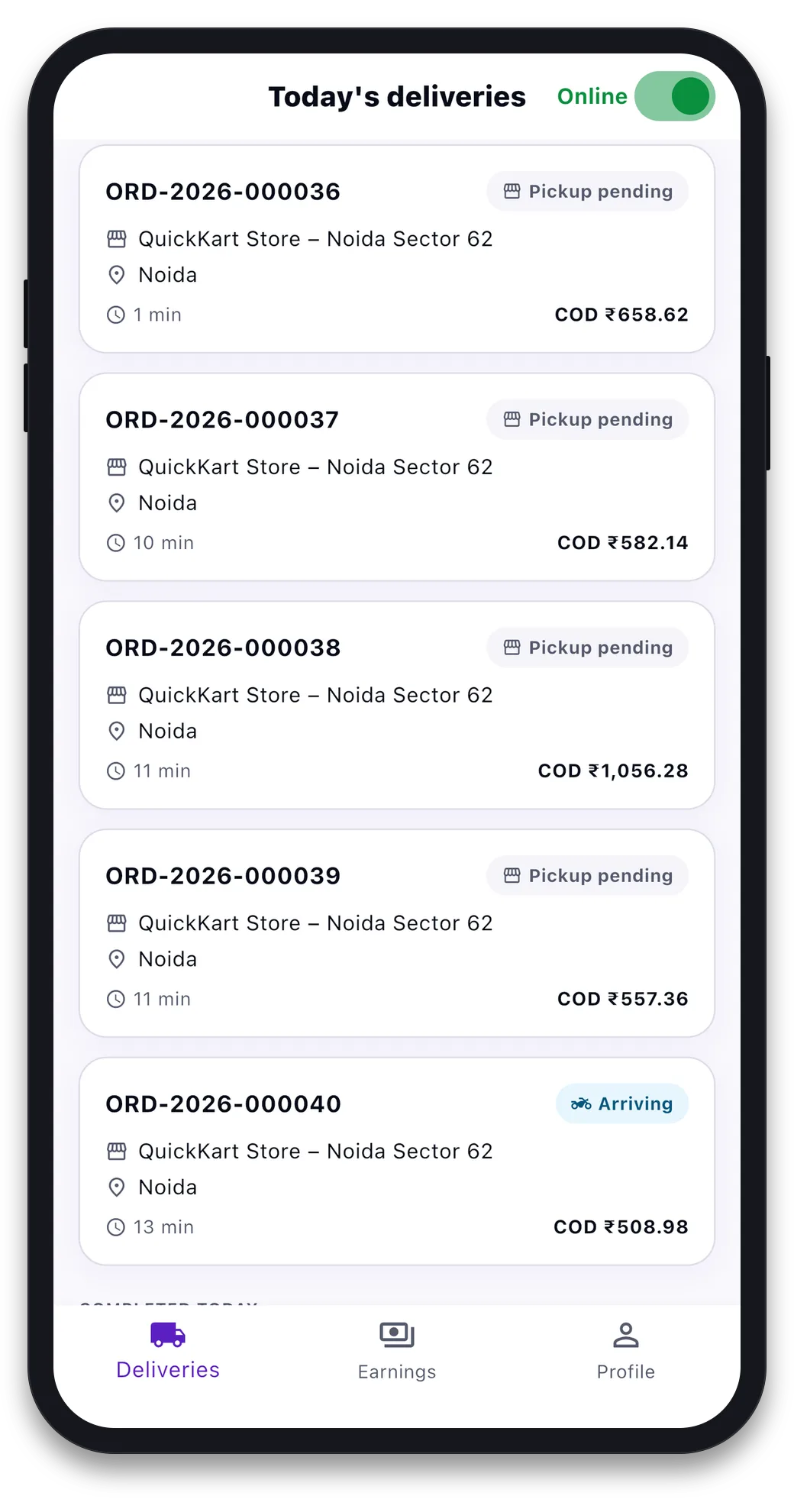 Today's deliveries screen with an Online toggle and five order cards showing the store, drop-off area, minutes to promise and cash-on-delivery amounts