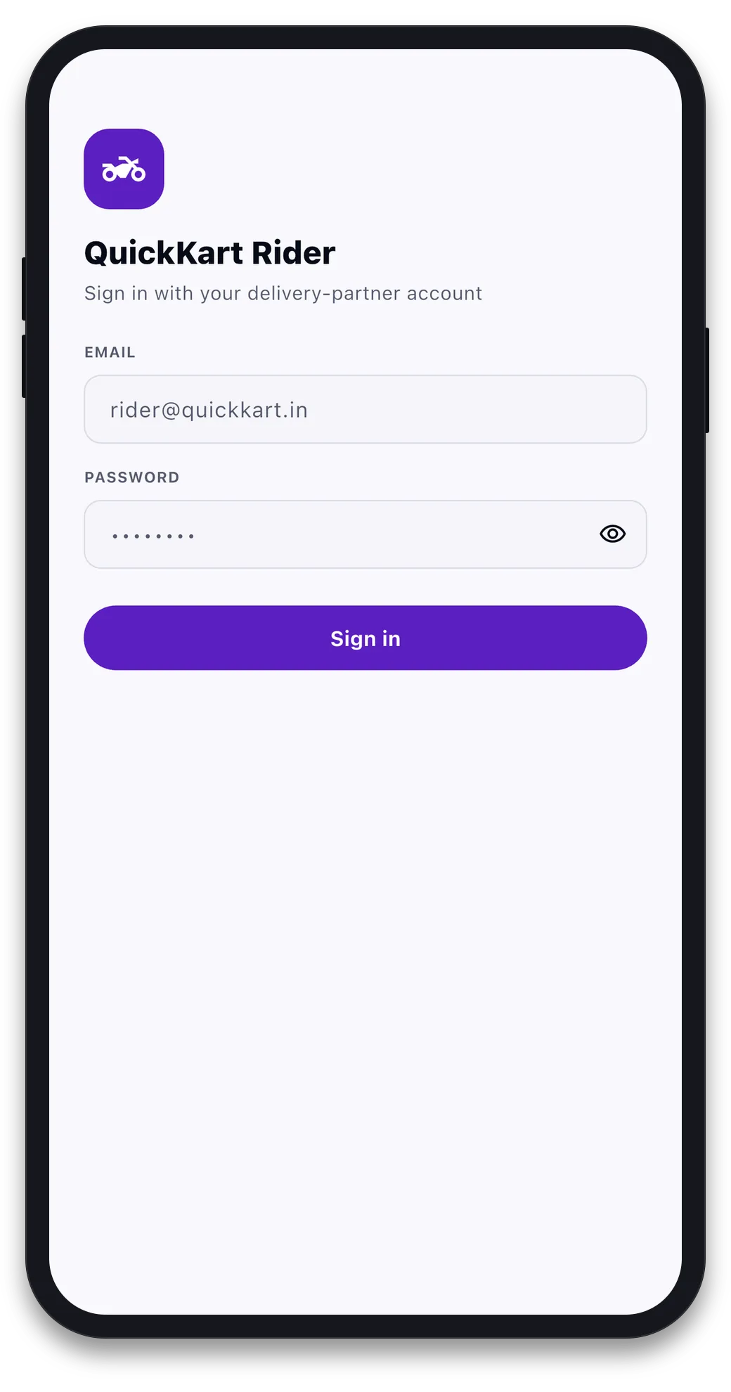 QuickKart Rider sign-in screen with email and password fields