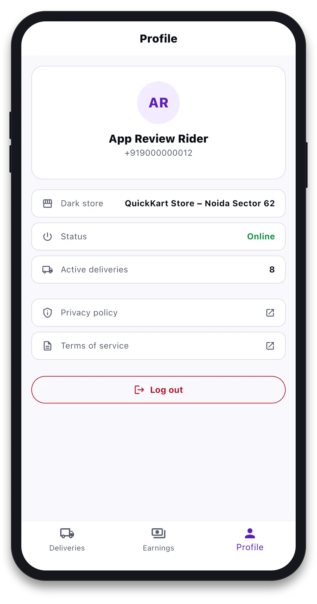 Rider profile screen showing name and phone, dark store, Online status, active deliveries, privacy policy and terms links and a Log out button