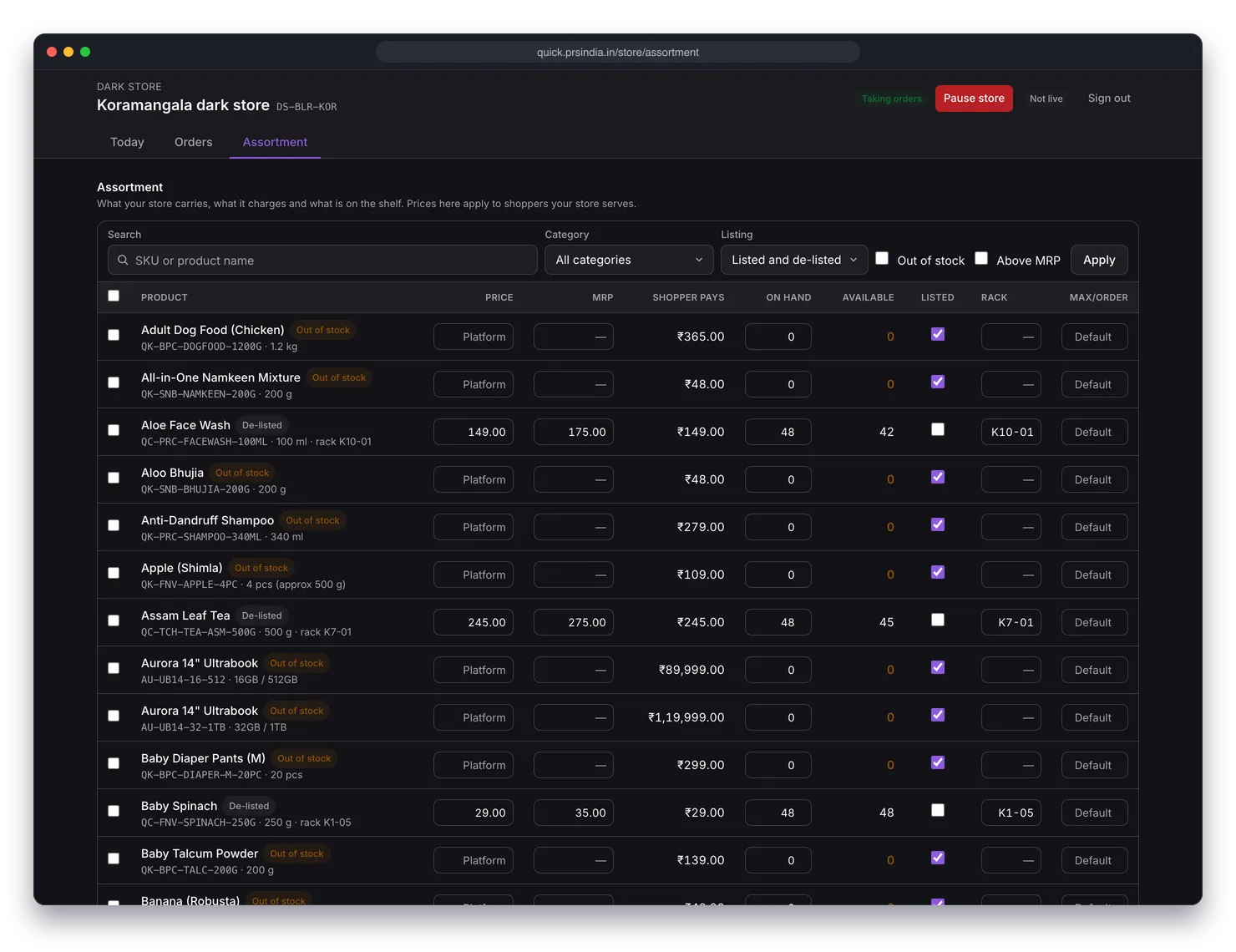 Assortment grid listing products with price, MRP, shopper pays, on hand, available, listed toggle, rack and max per order columns, with search and listing filters
