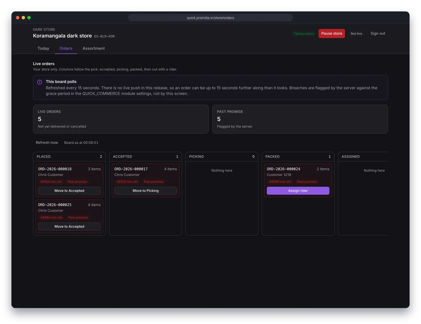 Live orders board with columns for Placed, Accepted, Picking, Packed and Assigned, order cards with Move to next state buttons and an Assign rider button on a packed order