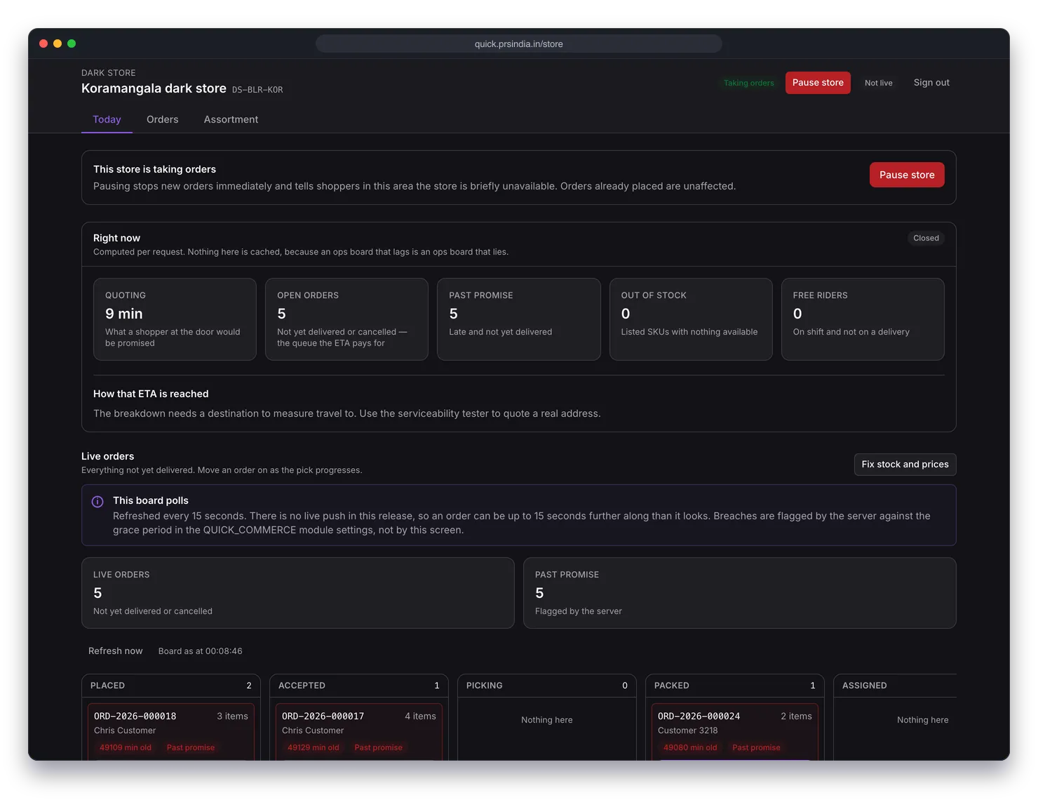 Dark-store dashboard Today tab with a Pause store button, health tiles for quoting ETA, open orders, past promise, out of stock and free riders, and the live orders board below