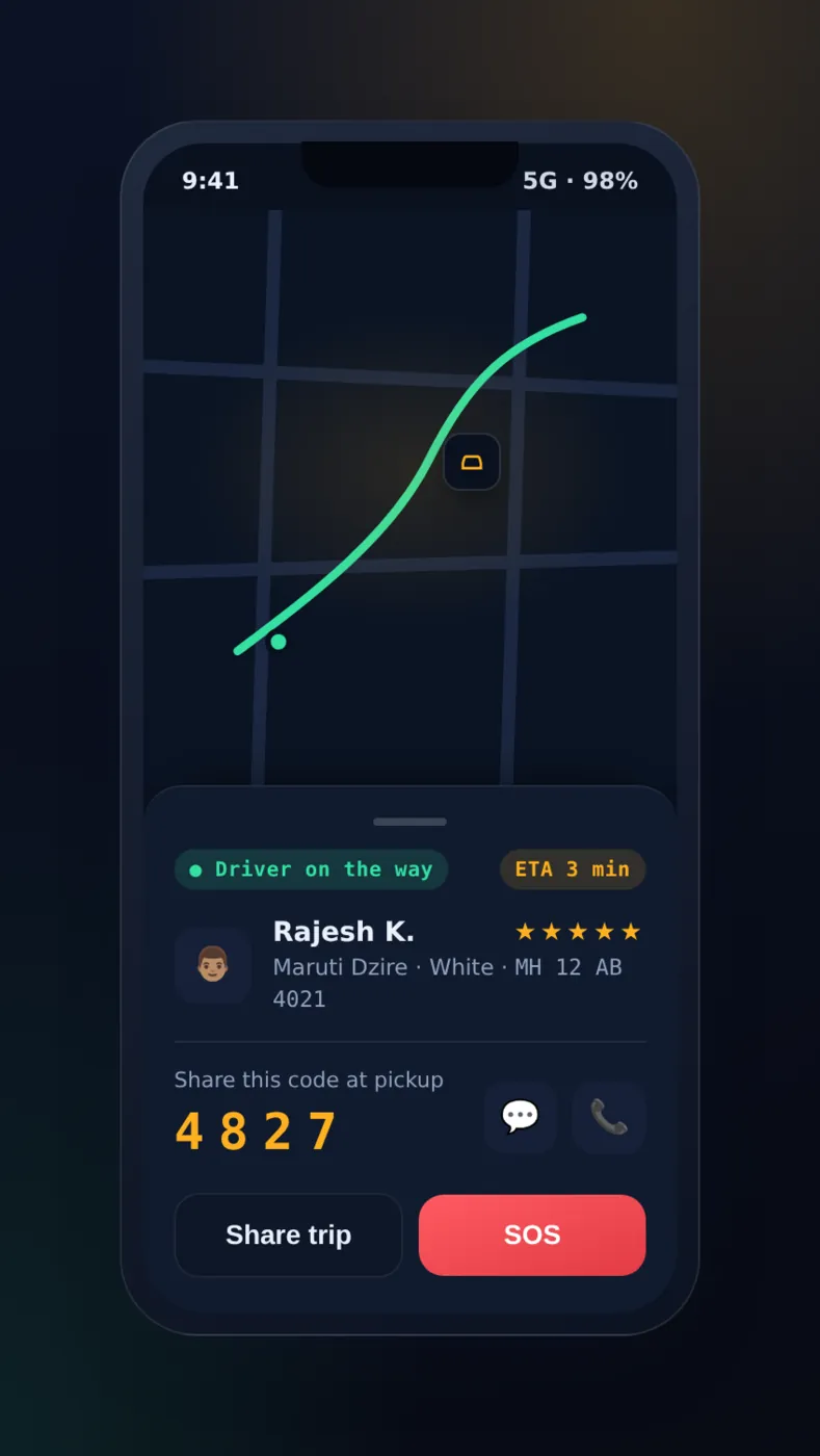 Live ride tracking with the driver's car on the map, ETA and a pickup OTP code