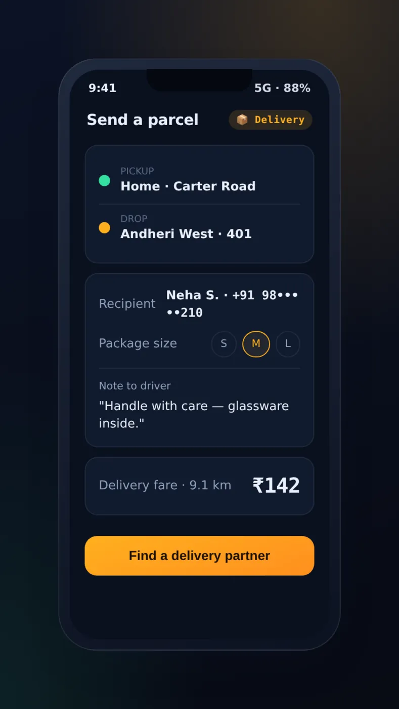 Parcel delivery booking with pickup, drop, recipient and package size