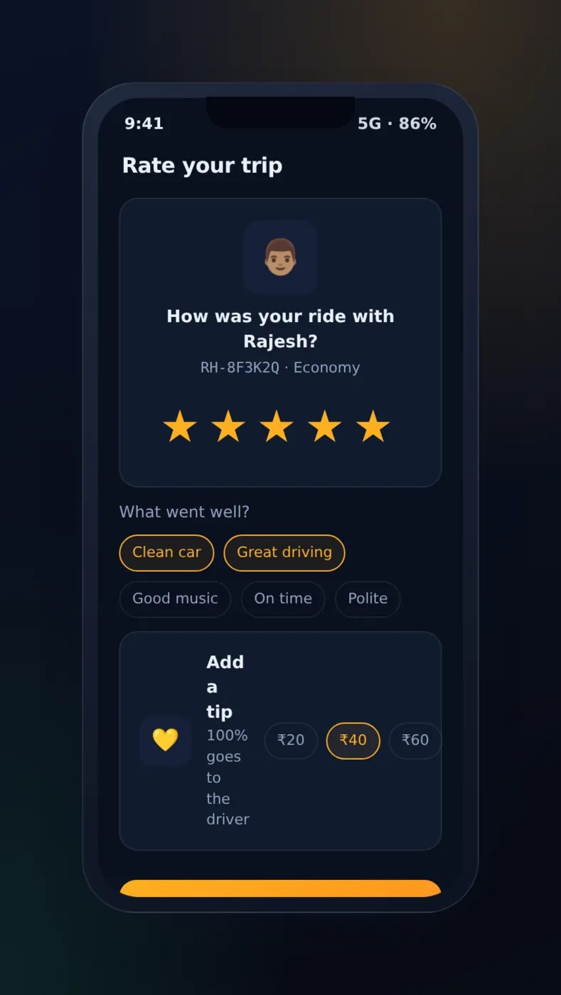 Rate your trip screen with star rating, quick tags and a tip option
