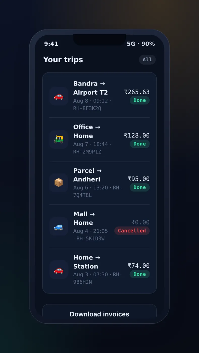 Ride history list with trip codes, routes, fares and status badges