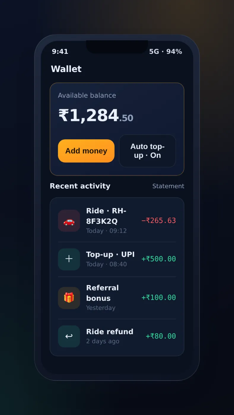 In-app wallet screen showing balance, top-up and a list of transactions
