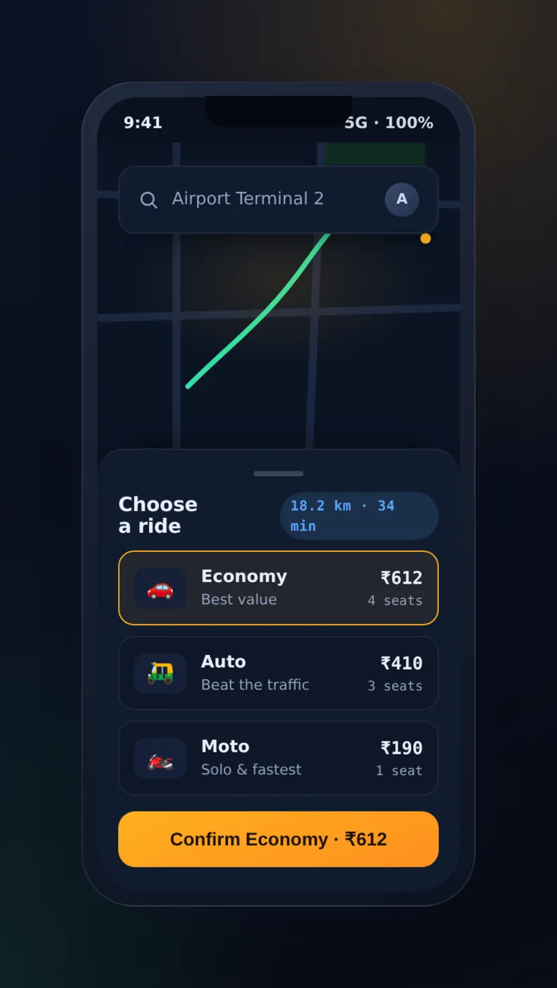 Taxi booking app screen showing a map, route and vehicle tiers with upfront fares